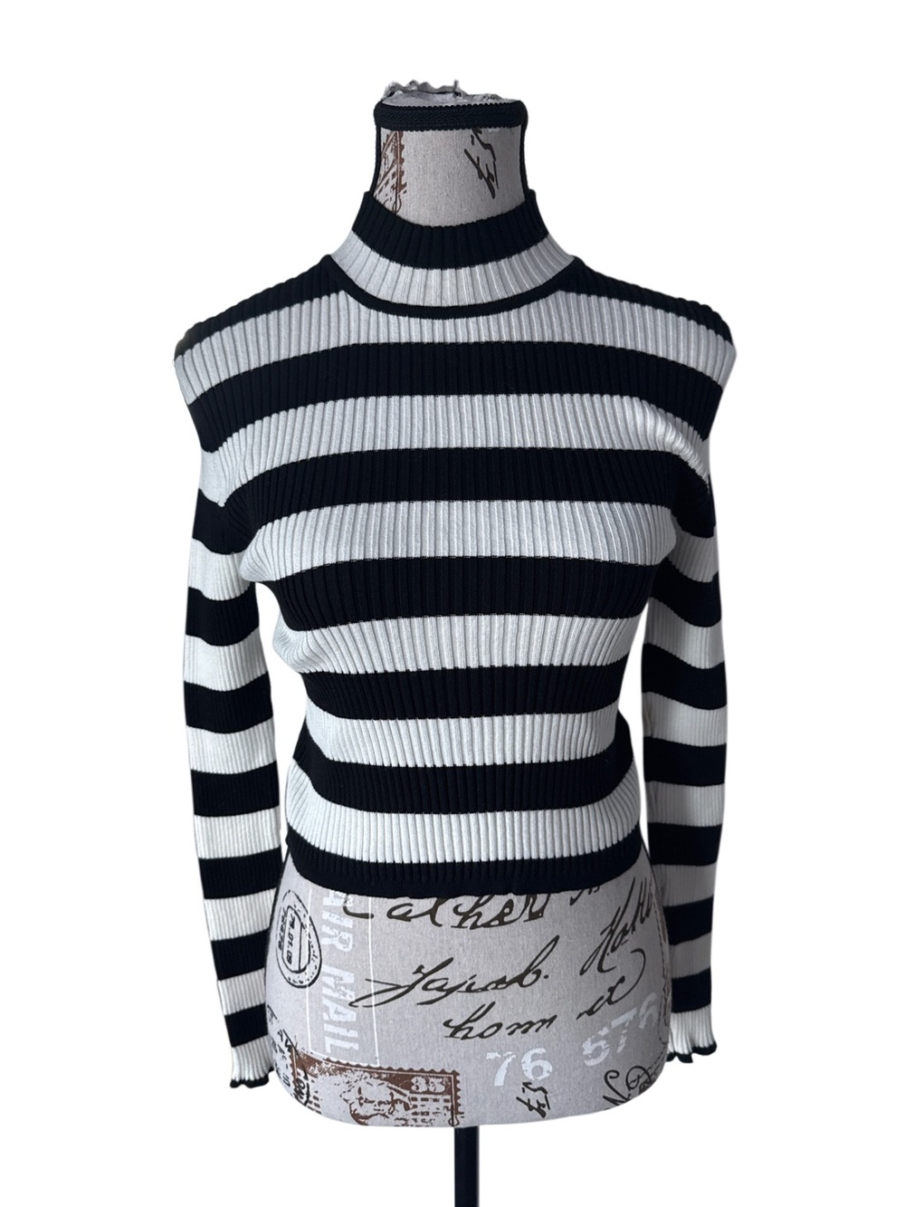 Forever 21 Striped Black & White Mock Neck Ribbed Sweater